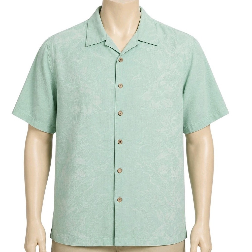 Jamaica Jaxx Silk Camp Shirt Mens Large Green Excellent Floral Tropical Button